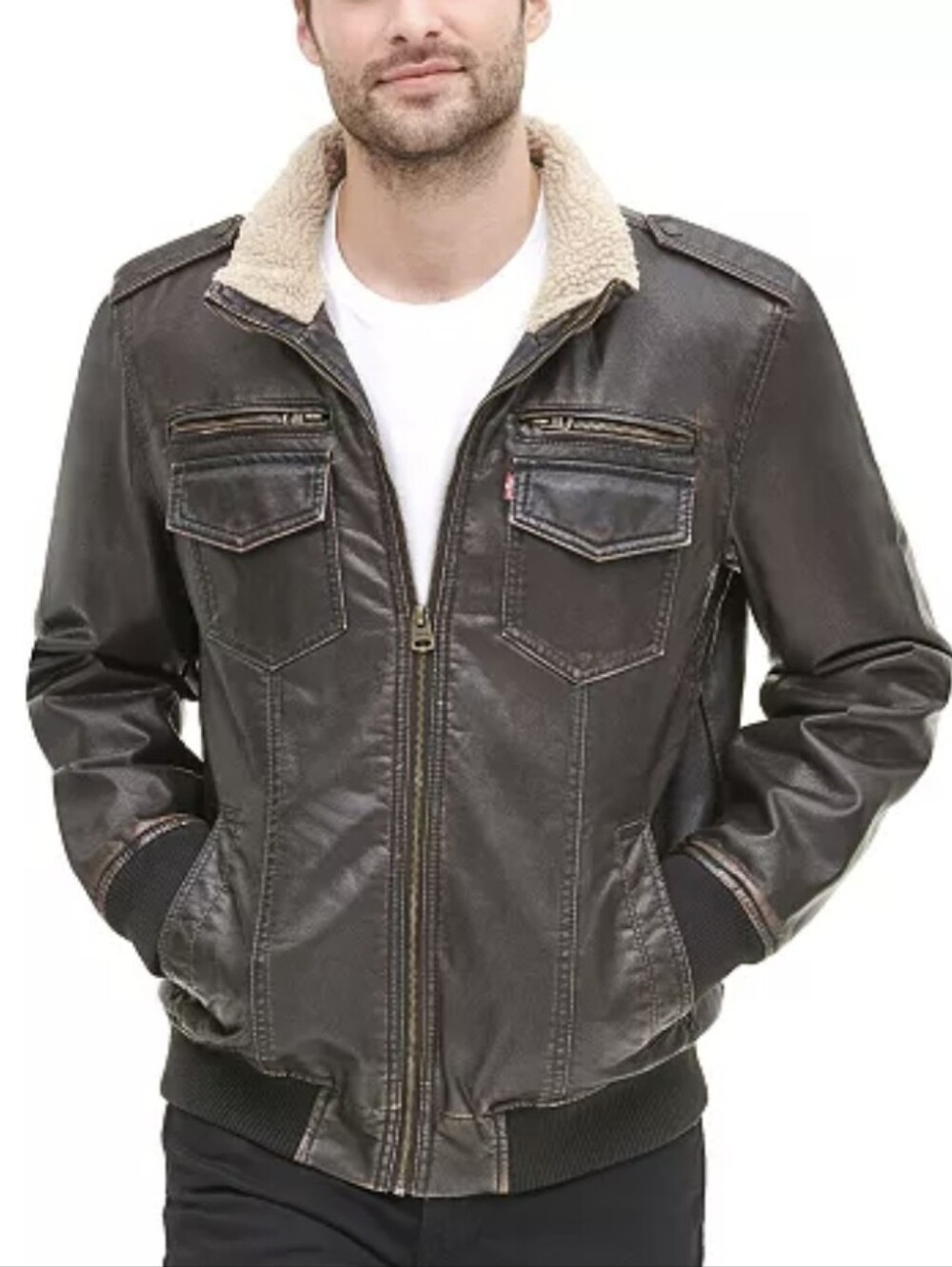 Levis Mens Bomber Jacket Faux Vegan Leather Sherpa Lined Aviator Rugged XXL